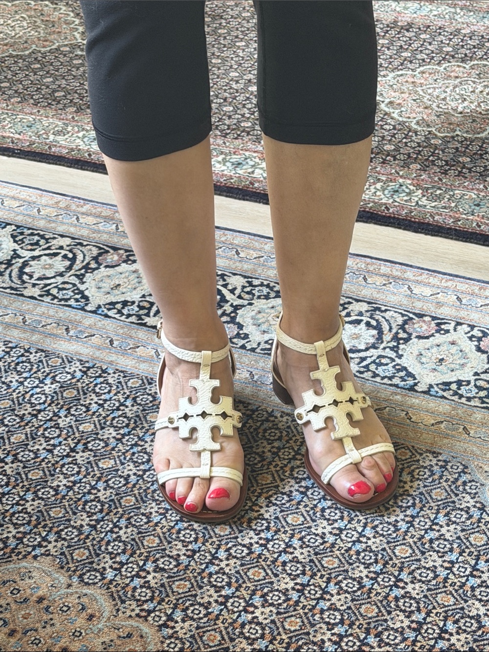 A Pair of Tory Burch Chandler 45 mm Sandal in Size 7.5 & Color Ivory-110